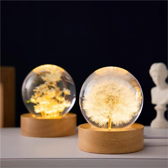 Flower Crystal Ball Night Light, 2.4 inch Glass Ball Night Lamp with Wooden Base - Picture 4 of 6